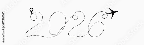 Fototapeta Airplane with dashed lines flay from  on the route to 2026 happy new year simple flat design new year 