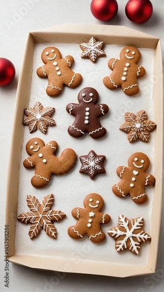 Fototapeta Festive Holiday Baking: A Collection of Delicious Gingerbread People and Snowflake Cookies Arranged on a Tray with Christmas Ornaments.