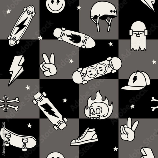 Fototapeta Skateboard seamless pattern. Skateboard background. Checkered seamless pattern with illustrations of skateboards, lightning, caps, and hand signs.