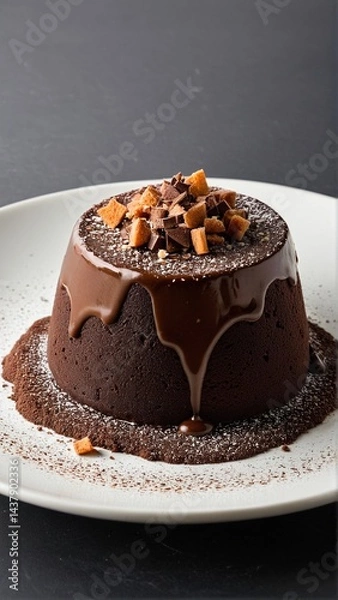 Fototapeta Decadent Chocolate Lava Cake: A Delightful Dessert Experience with Rich Chocolate Sauce and Delicate Toppings, Served Elegantly on a White Plate.