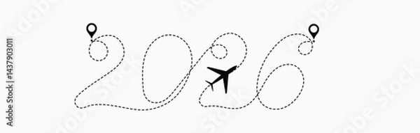 Fototapeta Airplane with dashed lines flay from  on the route to 2026 happy new year simple flat design new year 