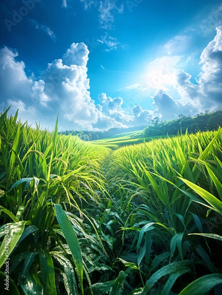 Fototapeta Close up of a thriving rice field. Leading lines scenic rice fields.