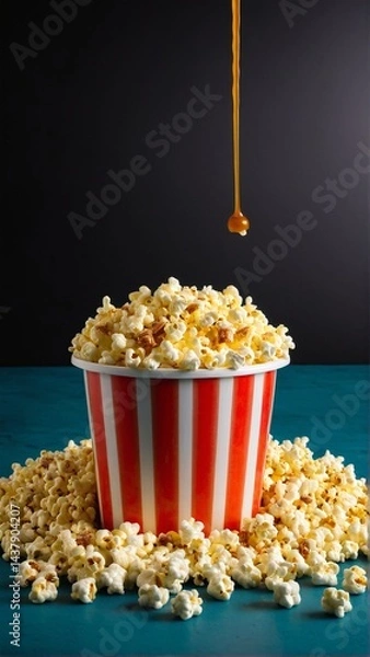 Fototapeta Indulging in a Sweet Treat: Caramel Drizzled Over a Bucket of Golden Popcorn, A Classic Snack Perfect for Movie Nights.