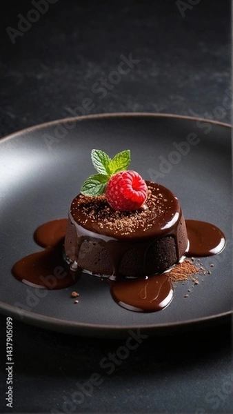 Fototapeta Decadent Dark Chocolate Dessert: Molten Lava Cake Garnished with Fresh Raspberry and Mint on Elegant Black Plate.