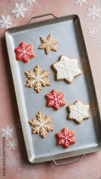 Fototapeta Winter's Sweetness: A Silver Tray Displaying Festive Snowflake Cookies with Red, White, and Natural Glazes. Ready for Christmas Cheer.