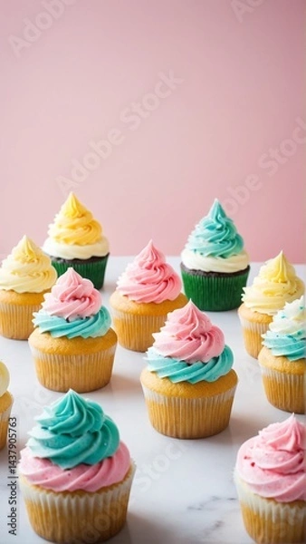 Fototapeta Pastel Perfection: An Array of Deliciously Frosted Cupcakes in Pink, Blue, and Yellow Tones Displayed on a Marble Surface.