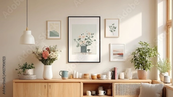 Obraz Close-up of blank empty A3 size frame hanging on wall in living room with soft lighting, neutral tones, modern decor, minimalist style, perfect mockup template for artwork or poster display.