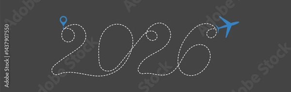 Fototapeta Airplane with dashed lines flay from  on the route to 2026 happy new year simple flat design new year 