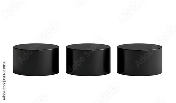 Fototapeta Three glossy black cylinder podiums isolated on a transparent background