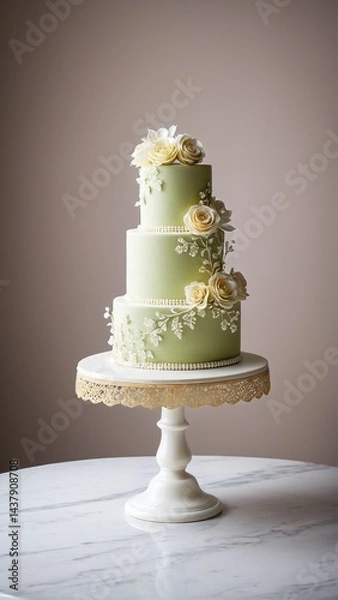 Fototapeta Elegant Three-Tiered Cake with Pistachio Green Fondant, Delicate Floral Details, and Pearl Accents, displayed on a classic Cake Stand.
