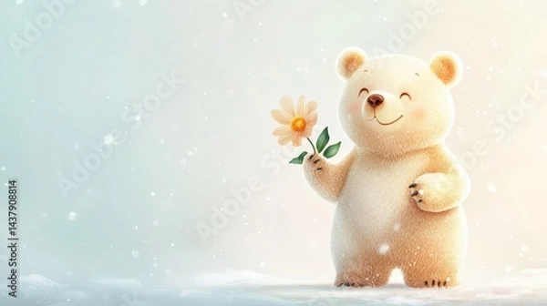 Fototapeta Cute illustrated bear in soft watercolor style, holding a flower with a gentle smile