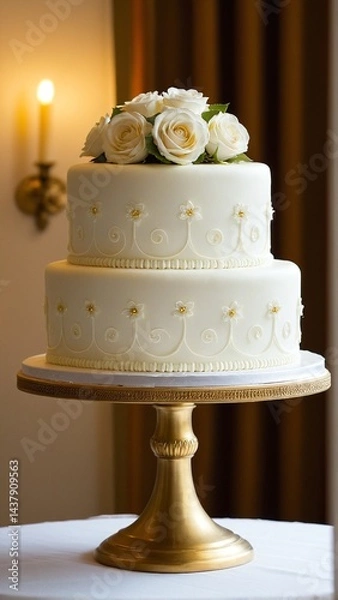 Fototapeta Elegant two-tiered cake adorned with delicate white roses and floral embellishments, gracefully displayed on a golden stand.