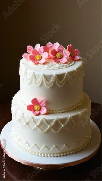 Fototapeta Elegant Two-Tiered Cake Adorned with Pink Flowers and Delicate Pearl Detailing, Perfect for a Special Celebration