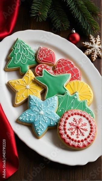 Fototapeta A Festive Feast: A Delightful Array of Decorated Sugar Cookies on a White Platter, Perfect for Holiday Merriment.