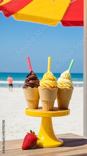 Fototapeta A Trio of Ice Cream Delights on a Yellow Cake Stand, Set Against a Beachfront Backdrop, Offering a Sweet Summer Escape.