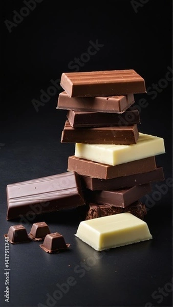 Fototapeta Decadent Chocolate Blocks Stacked High: A Sweet Symphony of Milk, Dark, and White Chocolate on a Dark Surface.