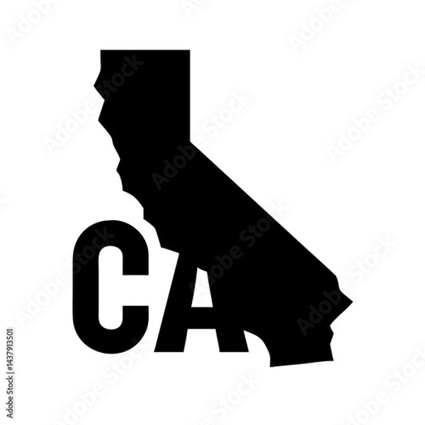 Fototapeta Simple black silhouette of the California state outline with the word "CALIFORNIA" below. A clean, bold graphic design featuring a solid black silhouette of the California state shape with the word "C