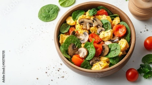 Fototapeta Fresh Spinach Salad with Cherry Tomatoes, Mushrooms, and Grilled Chicken in Wooden Bowl on White Background