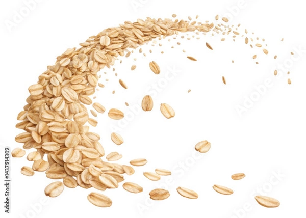 Fototapeta Instant oat flakes cutout isolated on transparent background with flying oat grains in motion swirl