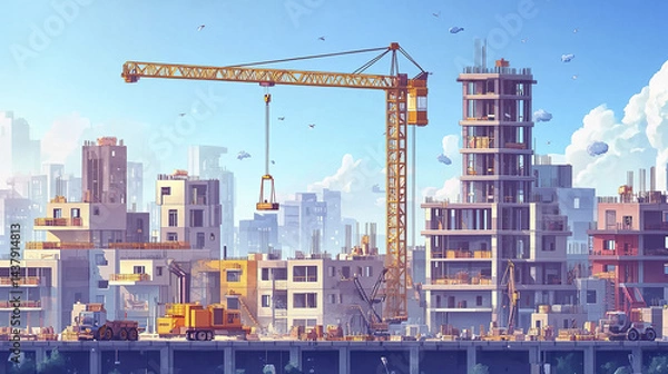 Fototapeta Urban construction project with cranes and buildings development, showcasing progress