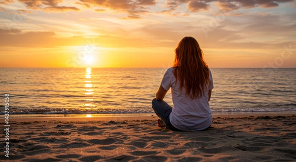 Fototapeta A calm image of someone sitting on the beach, watching the sun rise over the ocean