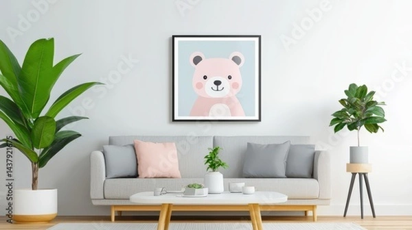 Fototapeta Modern living room with framed pink bear artwork in clean lines and soft pastel tones on white wall