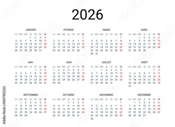 Fototapeta 2026 year French calendar in French language. Classical, minimalistic, simple design. White background. Vector Illustration. Week starts from Monday.