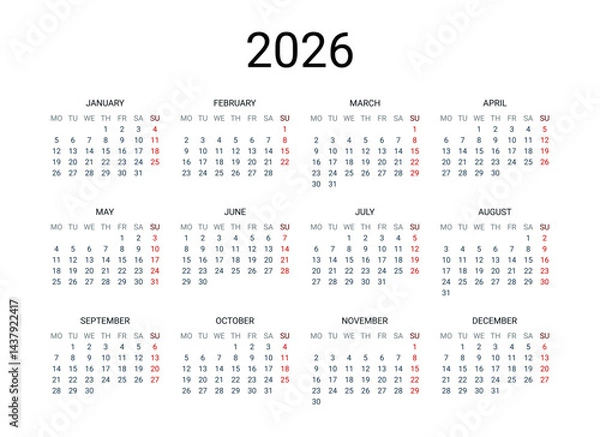Fototapeta 2026 year English calendar. Classical, minimalistic, simple design. White background. Vector Illustration. Week starts from Monday.
