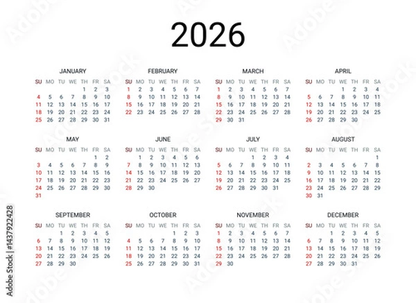 Fototapeta 2026 year English calendar. Classical, minimalistic, simple design. White background. Vector Illustration. Week starts from Sunday.