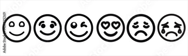 Fototapeta A series of six simple black and white emoticons, representing a range of emotions: a shy smiley, a happy smiley, a wink, a love-struck face with heart eyes, a sad face, and a crying face.