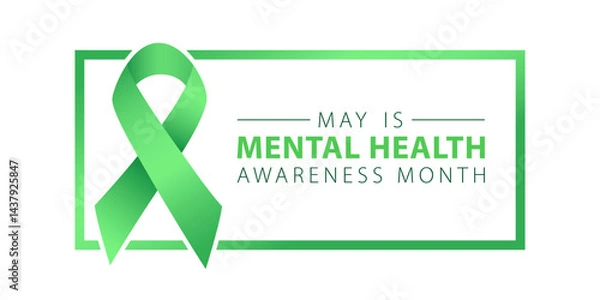 Obraz Mental Health Awareness Month, simple minimalist web banner design. Text May is Mental Health Awareness Month and green ribbon isolated on white background.