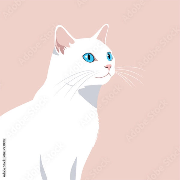Fototapeta White cat with blue eyes vector portrait on pastel pink background. Minimalist design animal illustration