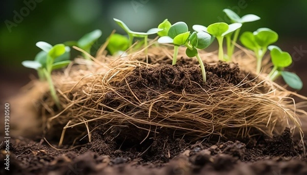 Obraz Macro shot of decomposed leaf mulch mixed with fine straw around young herb seedlings, supporting moisture conservation, soil structure, and early plant establishment