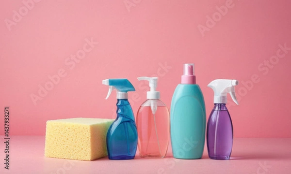 Fototapeta A collection of cleaning products placed on a pink surface
