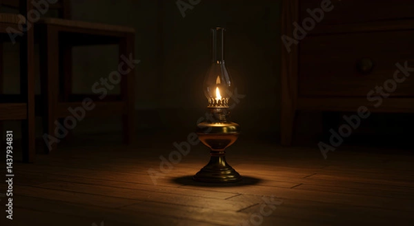 Fototapeta Glowing Kerosene Lamp Casting a Warm Light In the Dark Room