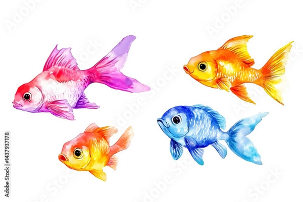 Obraz Set of cute colorful cartoon watercolor fishes. Collection of bright see, river and lake fish for textile design, kids print, decoration, poster, banner, sticker