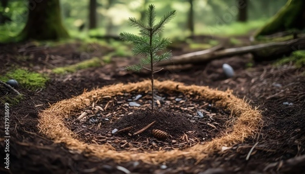 Obraz Diagonal view of bark, cones, and twigs forming a protective mulch ring around a young sapling, illustrating natural moisture retention and soil protection techniques in gardening