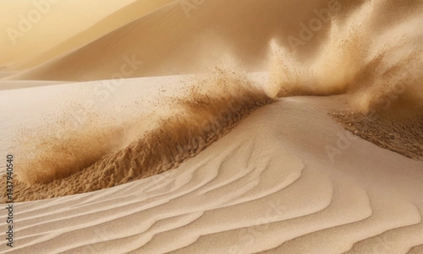 Fototapeta A person rides a motorcycle through the desert, with sand dunes and cacti in the background