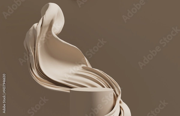 Fototapeta 3D background, pedestal, podium on pastel brown backdrop. Nature product promotion beauty cosmetics display with beige flying cloth. Nude Studio showcase 3D render advertisement banner with sun shadow