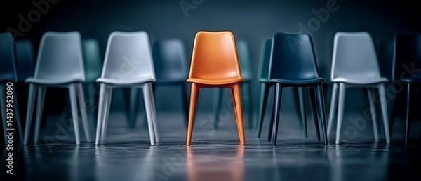 Obraz Chairs a row of seats, one vibrant orange chair among muted colors