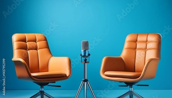 Obraz two modern chairs and microphone on a blue background for podcast