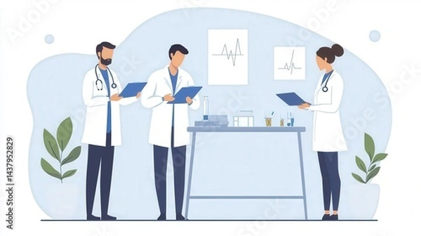 Fototapeta Team of oncologists analyzing test results, hightech room, flat design illustration