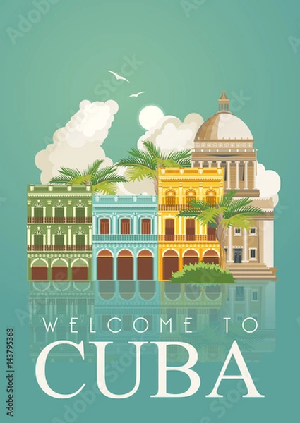 Obraz Cuba attraction and sights - travel postcard concept. Vector illustration with traditional Cuban architecture, colourful buildings, car, guitar, cigars, cocktail, flag. Design elements for poster.