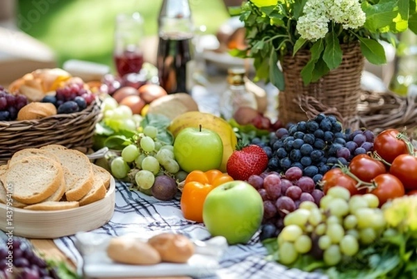 Fototapeta A table full of fruits and vegetables including apples, grapes, tomatoes.