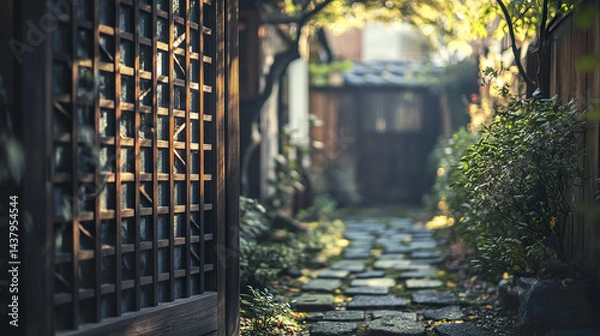Fototapeta serene pathway leads through traditional Japanese garden, surrounded by lush greenery and wooden