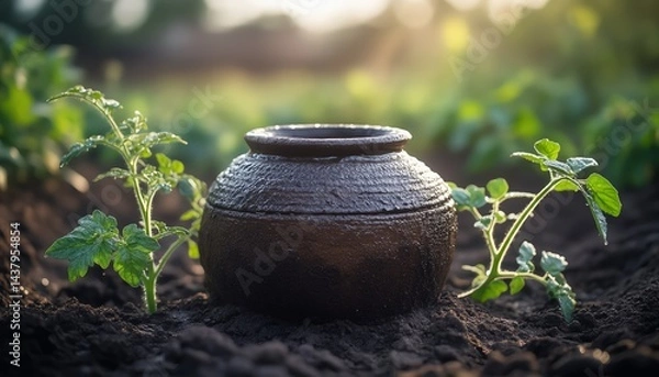 Fototapeta Close-up of an ancient clay olla pot partially buried among tomato plants, with a moist soil halo effect, captured in soft diffuse morning lighting, showcasing water conservation technique
