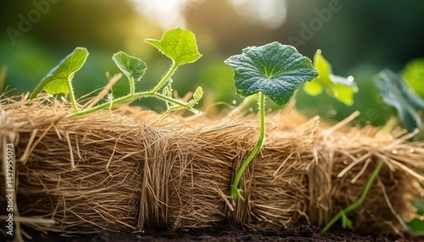 Obraz Macro detail of a straw bale garden with young cucumber vines rooting into decomposing straw, water beads forming on the fibrous texture, showcasing eco-friendly gardening methods