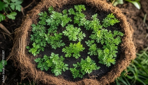 Obraz Top-down shot of a sunken wicking bed filled with plants, showcasing visible mulch cover and self-irrigating soil texture, efficient water use