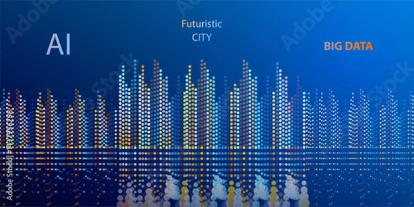 Fototapeta Smart city landscape technology background. Future urban architecture particles buildings vector. Big data city ai concept. Digital futuristic intelligence high tech city design banner.