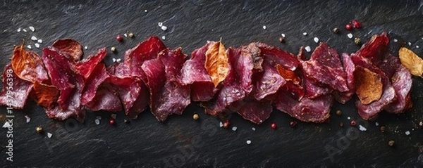 Fototapeta Dehydrated meat slices arranged on a dark surface